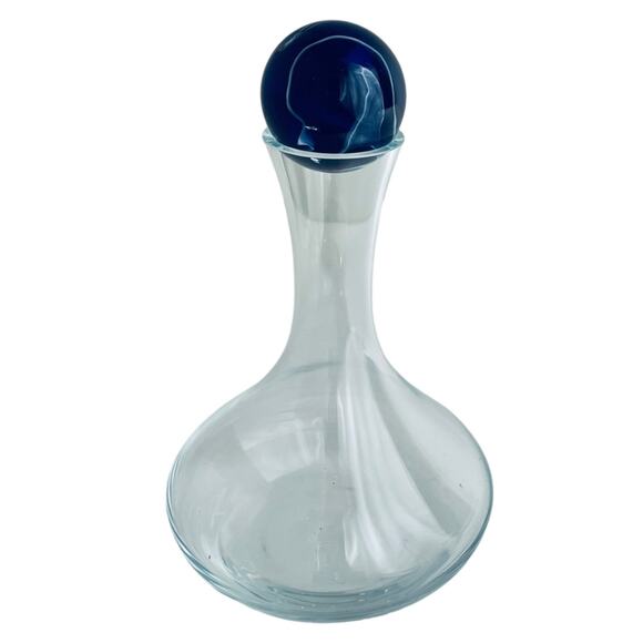 VTG Glass Wine DECANTER & MARBLE BALL STOP 8" Tall Clear Glass Blue Stone Ball - Picture 8 of 8